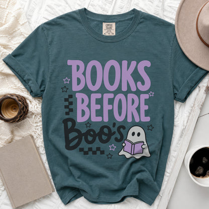 Teal t-shirt with "Books Before Boo's" text and ghost graphics.