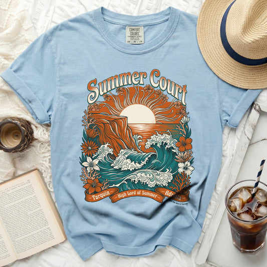 Light blue t-shirt with "Summer Court" graphic and ocean waves.