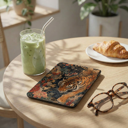 Tablet with tiger and floral design, next to matcha drink and croissant.