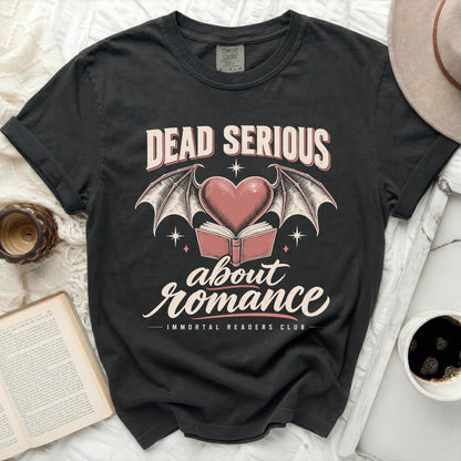 Black t-shirt with "Dead Serious about Romance Immortal Readers Club" text and graphic.