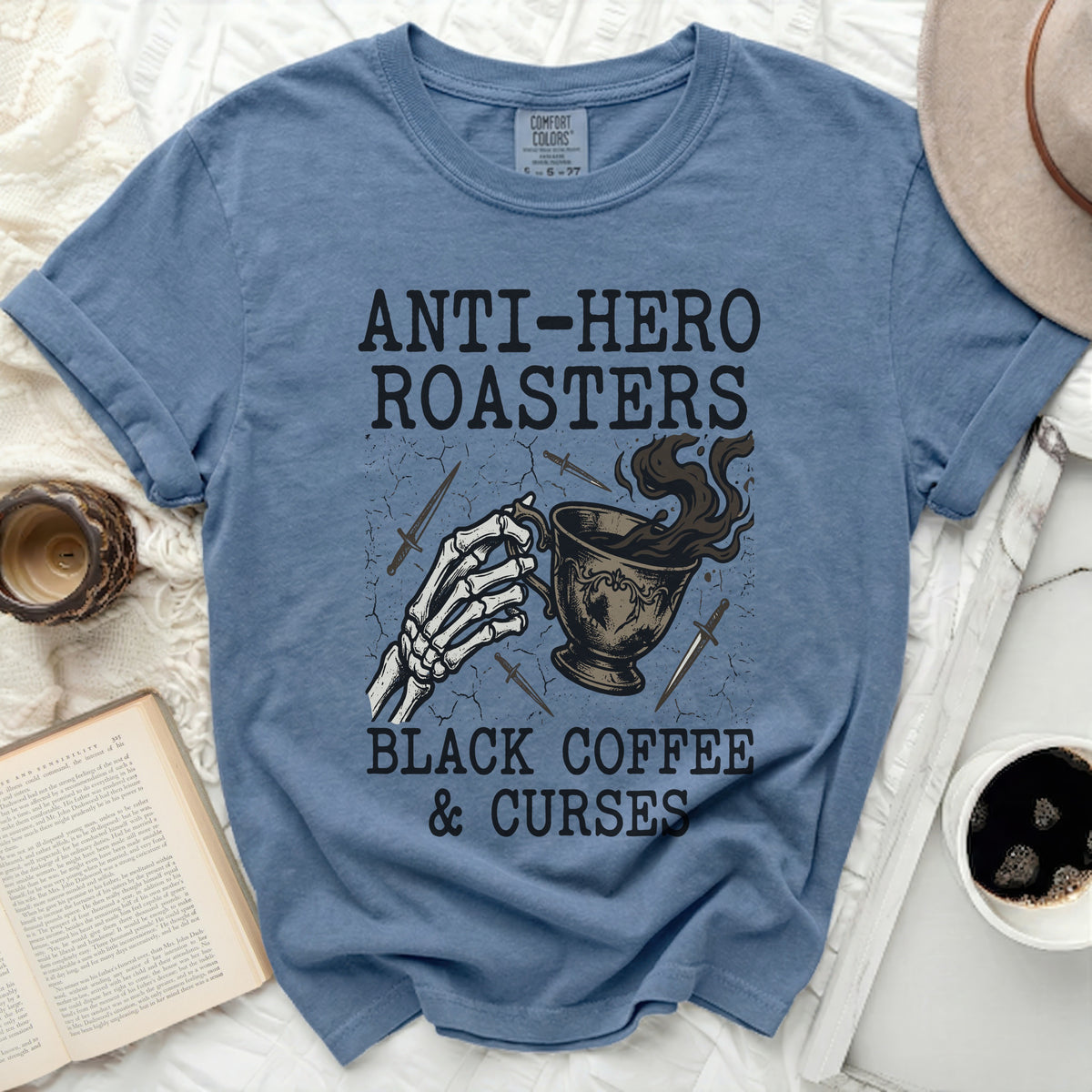 Anti-Hero Roasters black coffee & curses graphic t-shirt.
