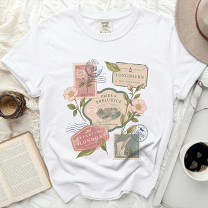 White t-shirt with vintage postage stamps, flowers, and Pride & Prejudice text.