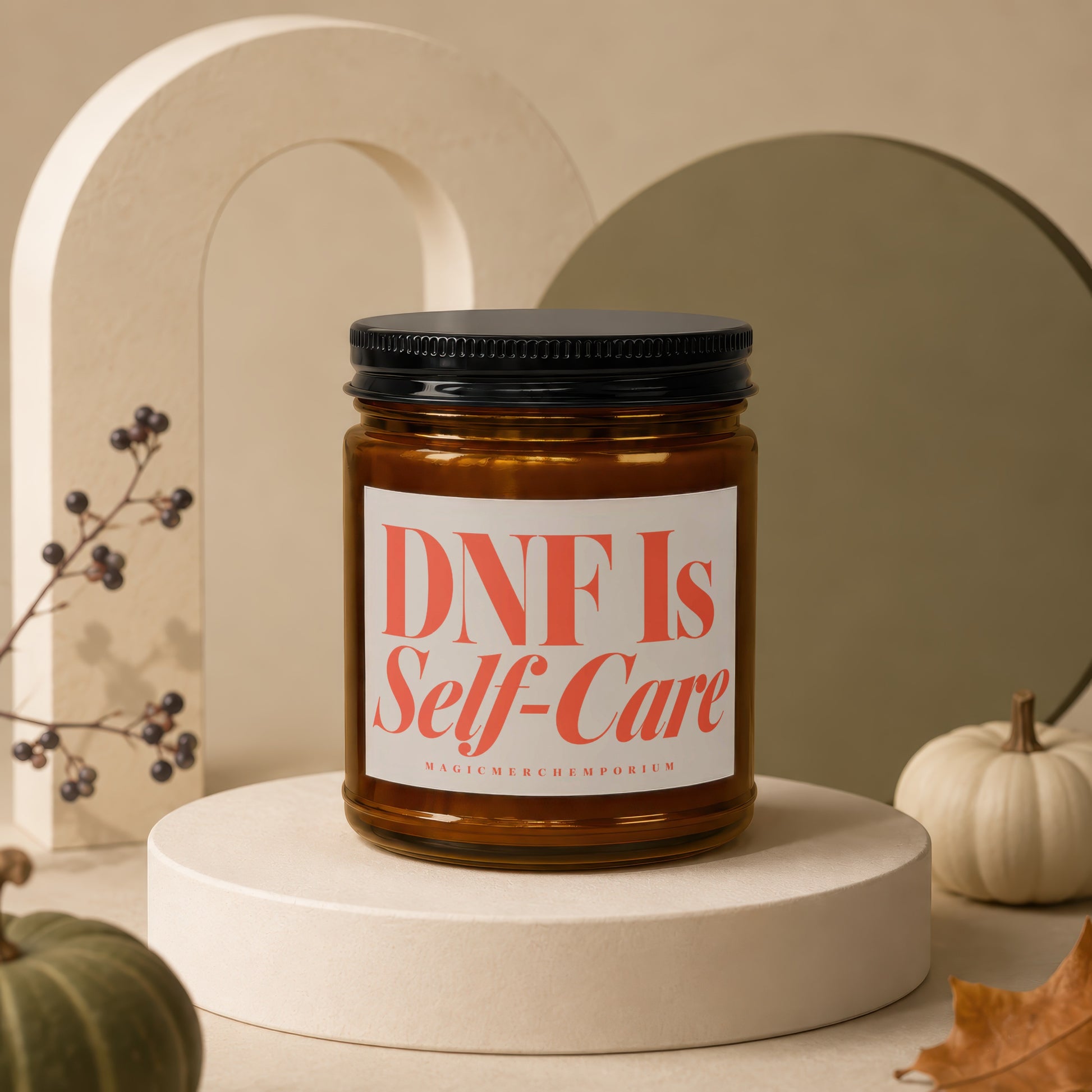 Amber jar candle with label reading "DNF Is Self-Care" and "MAGICMERCH`EMPORIUM".