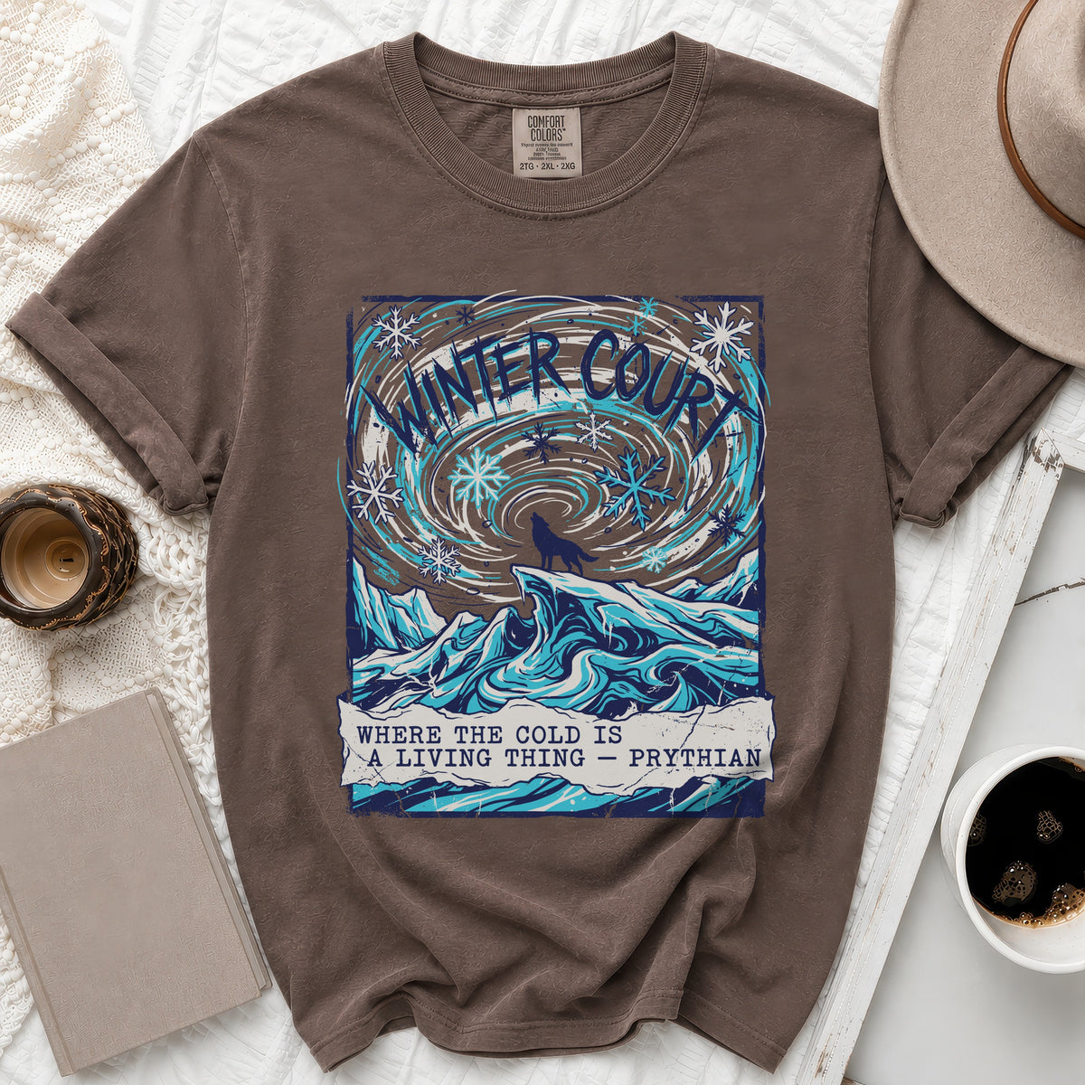 Brown t-shirt with "Winter Court" graphic and "Where the cold is a living thing" text.