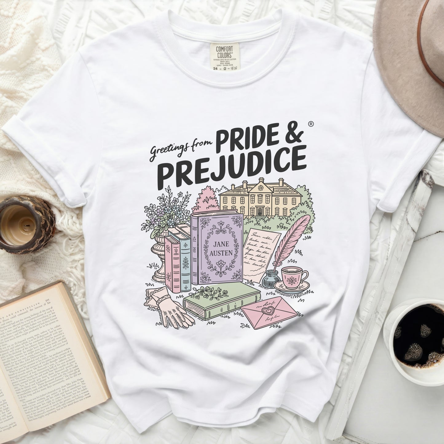 White t-shirt with "Pride & Prejudice" and Jane Austen illustration.
