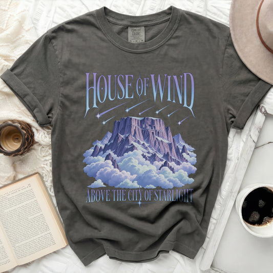 Dark grey t-shirt with "House of Wind Above the City of Starlight" graphic.