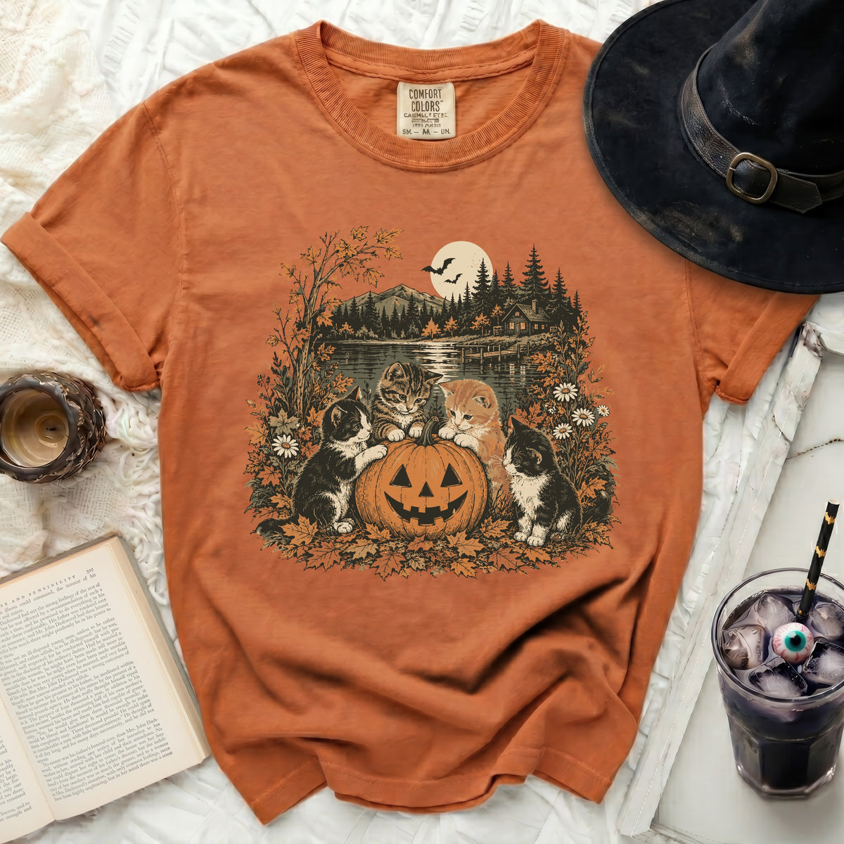 Orange t-shirt with kittens and jack-o'-lantern graphic, Comfort Colors brand.