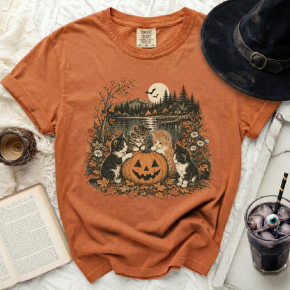 Orange t-shirt with kittens and jack-o'-lantern graphic, Comfort Colors brand.