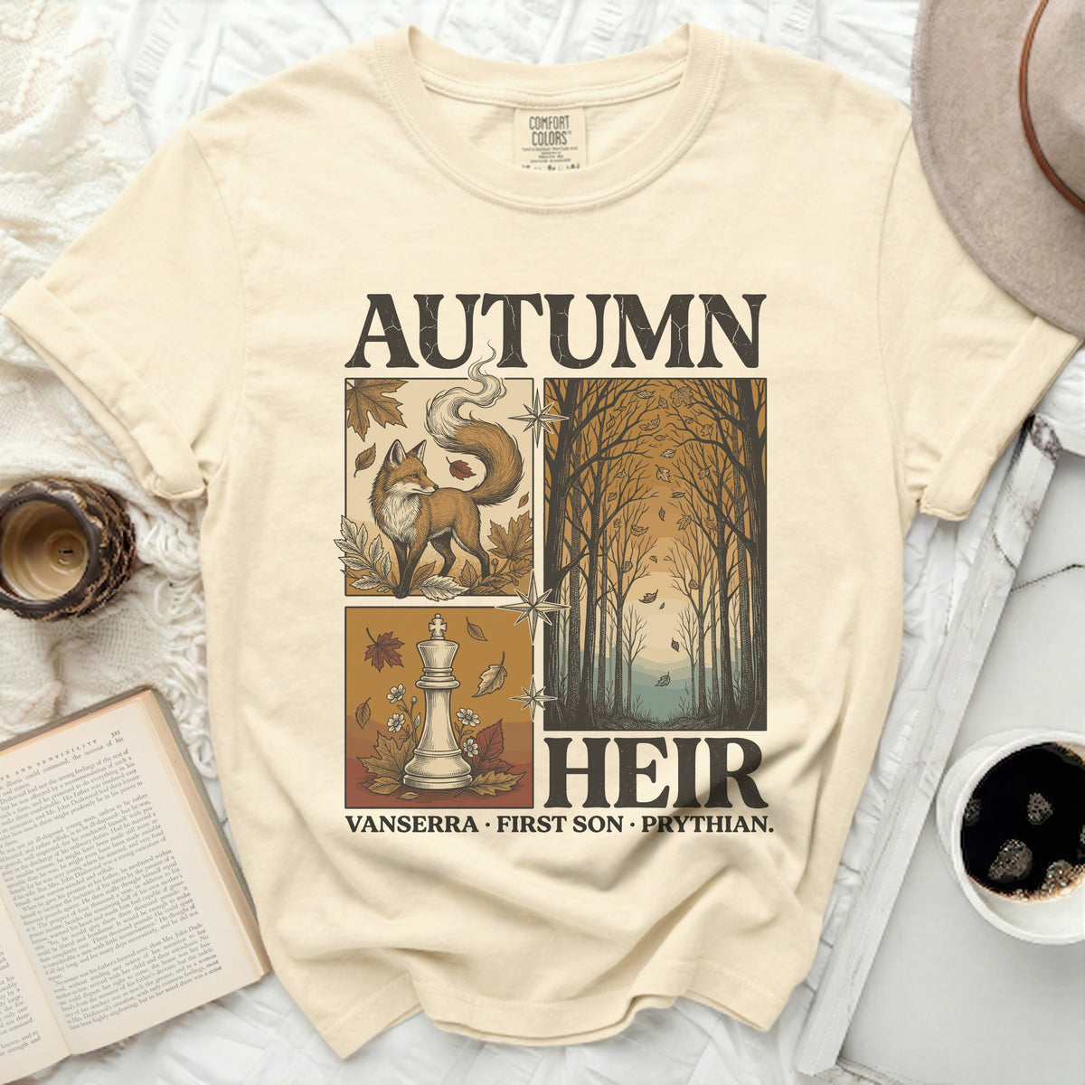 Autumn Heir t-shirt with fox, chessboard, and forest graphic.