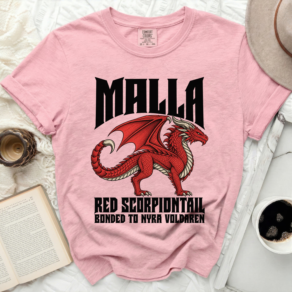 Pink t-shirt with black "MALLA" text and red dragon graphic.