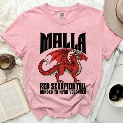 Pink t-shirt with black "MALLA" text and red dragon graphic.