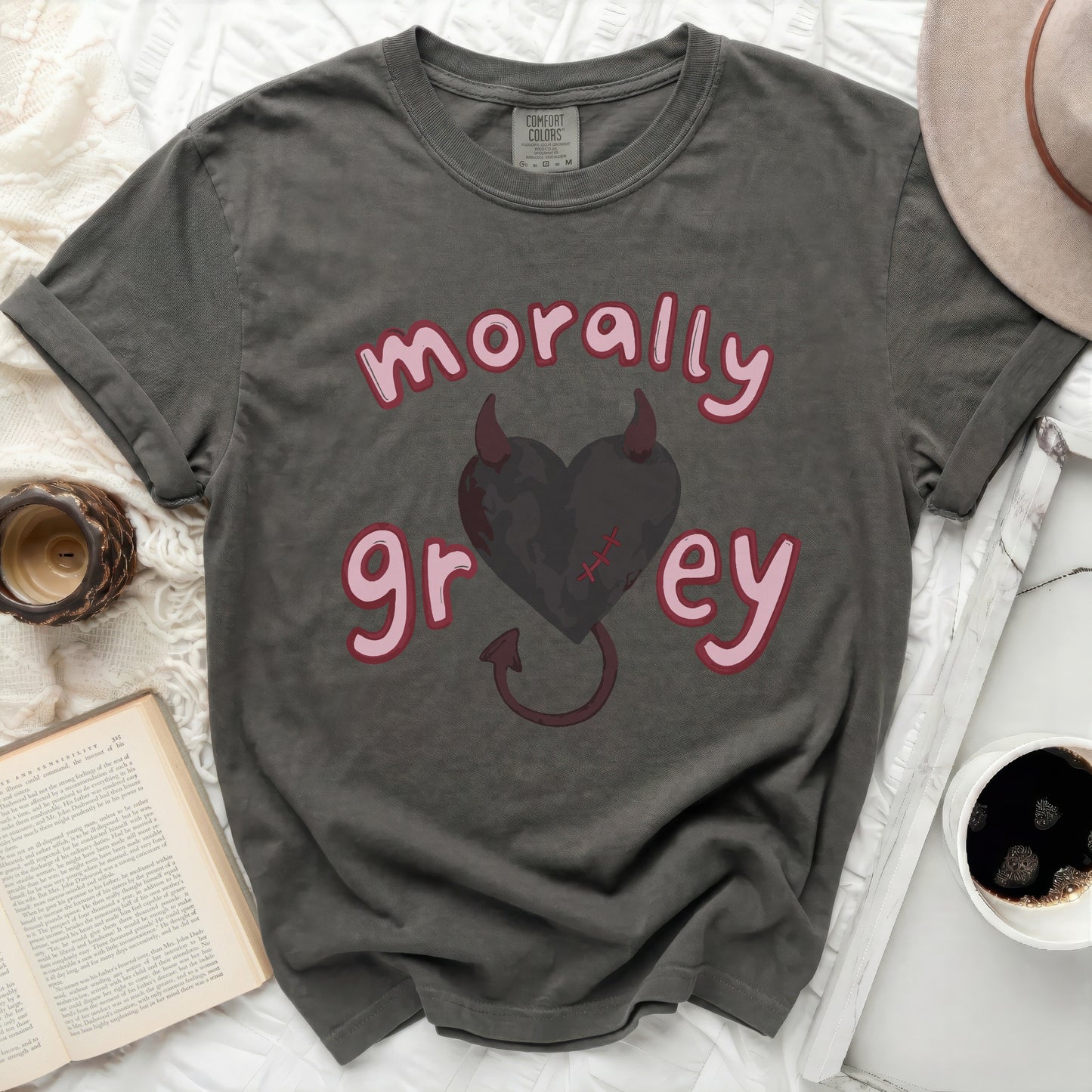 Dark gray t-shirt with "morally grey" and a devil heart graphic.