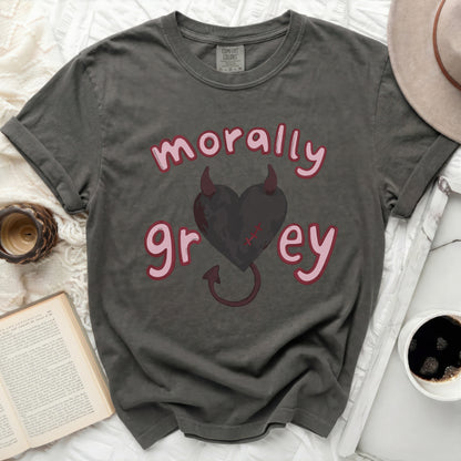 Dark gray t-shirt with "morally grey" and a devil heart graphic.
