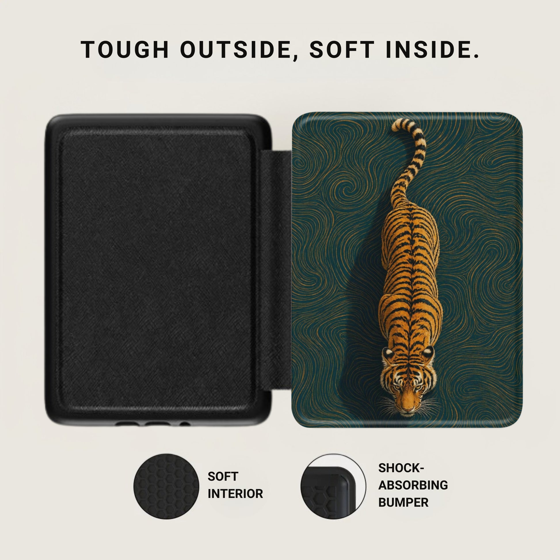 Black case open to show textured interior next to a tiger on a patterned surface.