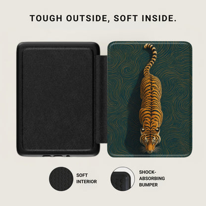 Black case open to show textured interior next to a tiger on a patterned surface.