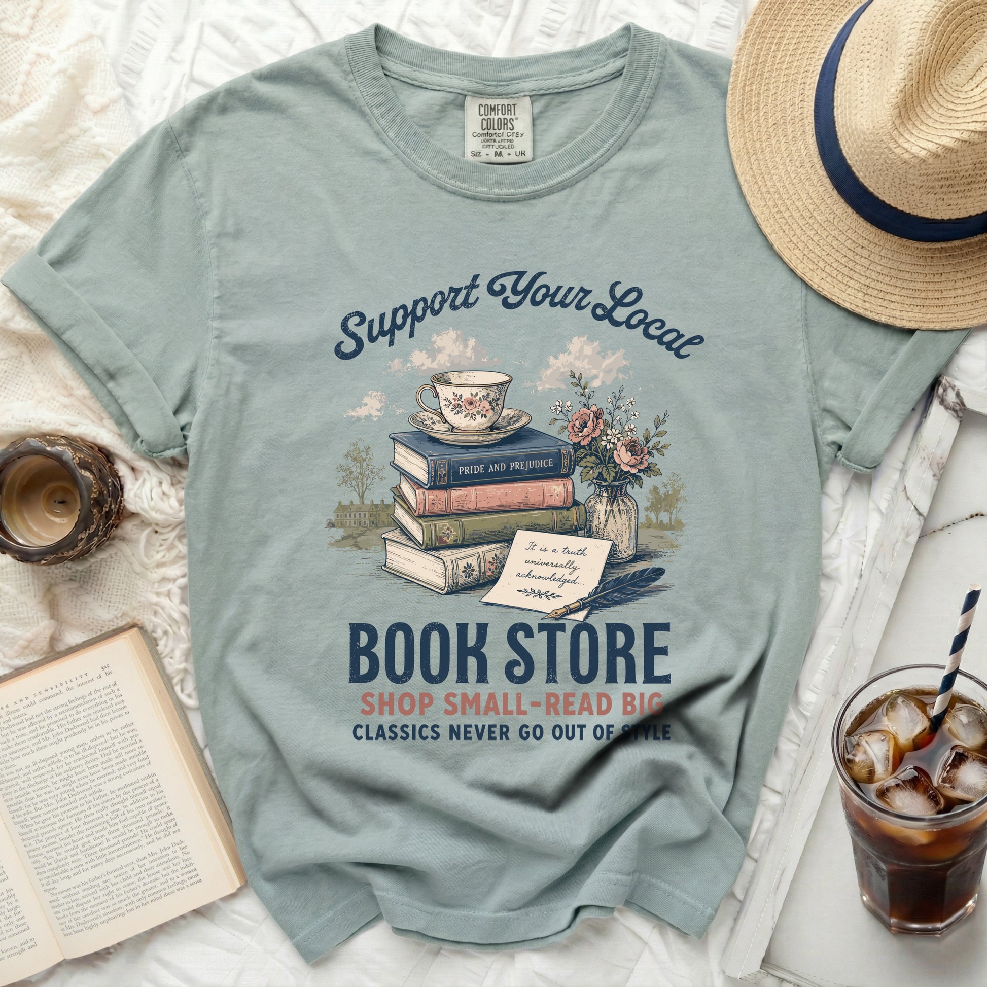 Comfort Colors shirt with "Support Your Local Book Store" graphic.