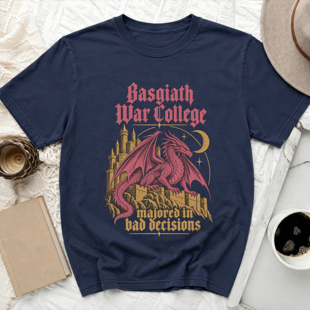 Navy t-shirt with Basgiath War College dragon and "majored in bad decisions" text.