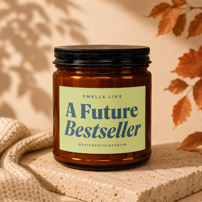 Amber jar candle with "SMELS LIKE A FUTURE BESTSELLER" text.