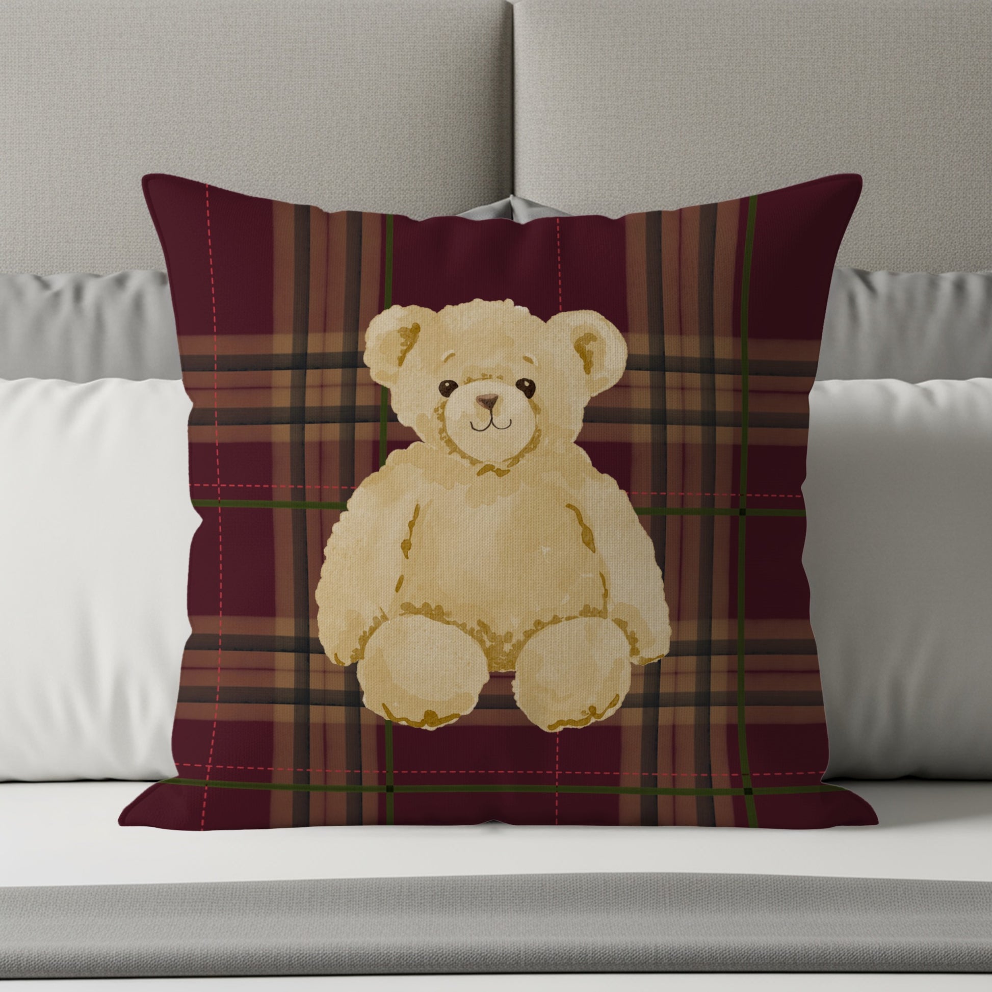 Adorable Teddy Bear on Plaid Throw Pillow Design