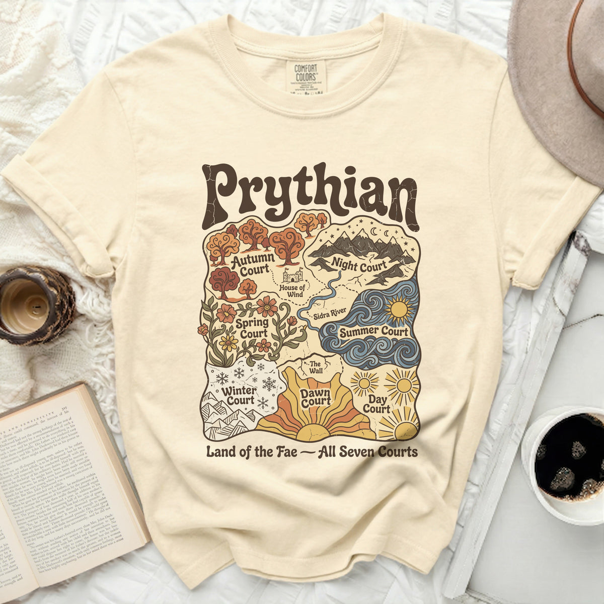 Prythian Land of the Fae All Seven Courts map graphic on a t-shirt.