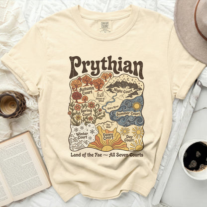 Prythian Land of the Fae All Seven Courts map graphic on a t-shirt.