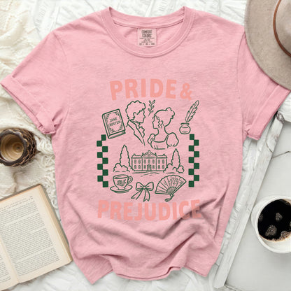 Pink Comfort Colors tee with "Pride & Prejudice" and Jane Austen book graphic.