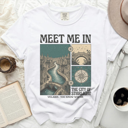 White t-shirt with "Meet Me In The City of Starlight Velaris" graphic.