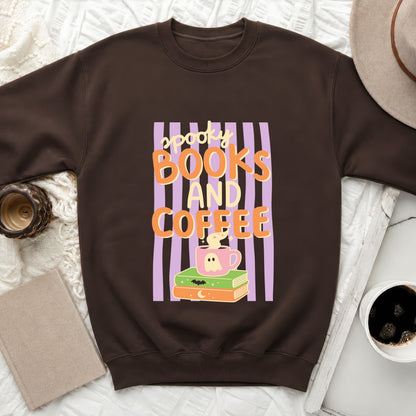 Brown sweatshirt with "spooky books and coffee" Halloween graphic and ghost mug.