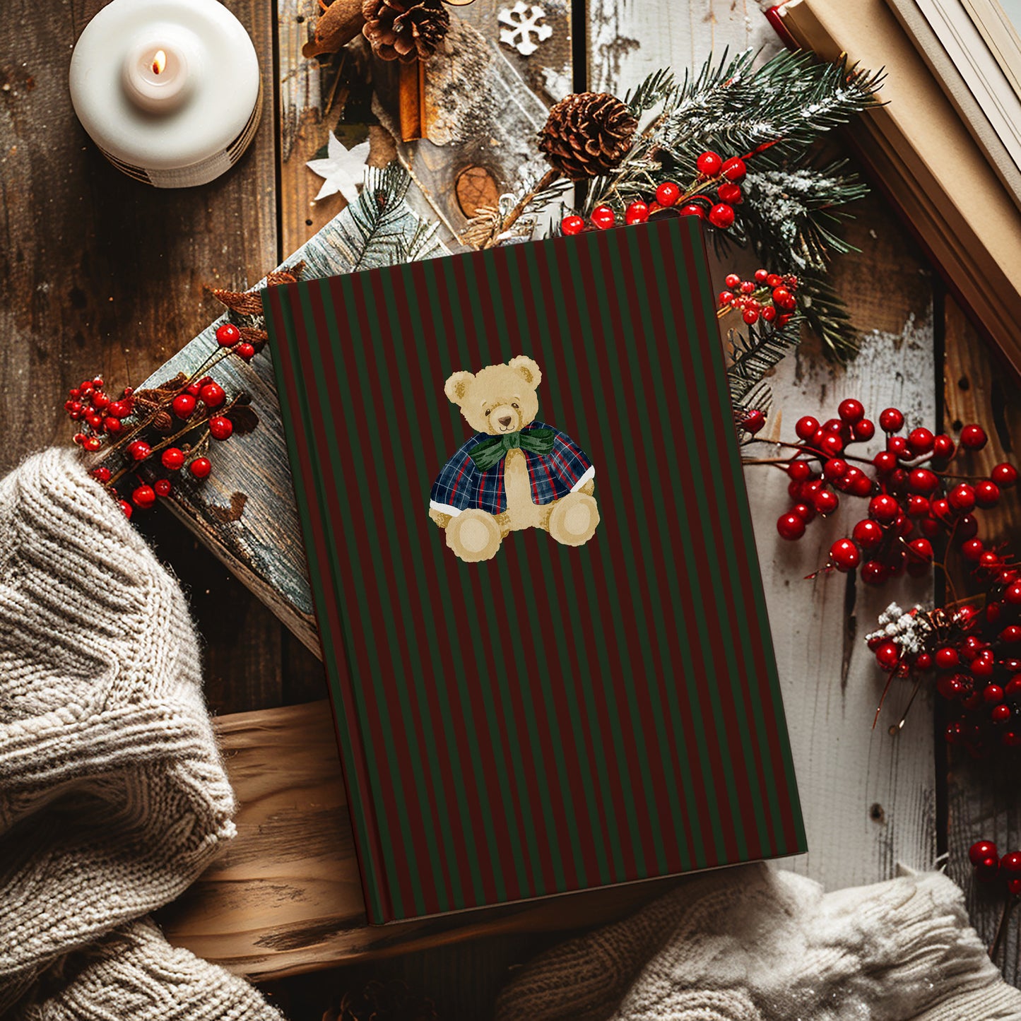 Adorable Teddy Bear Holiday Striped Journal