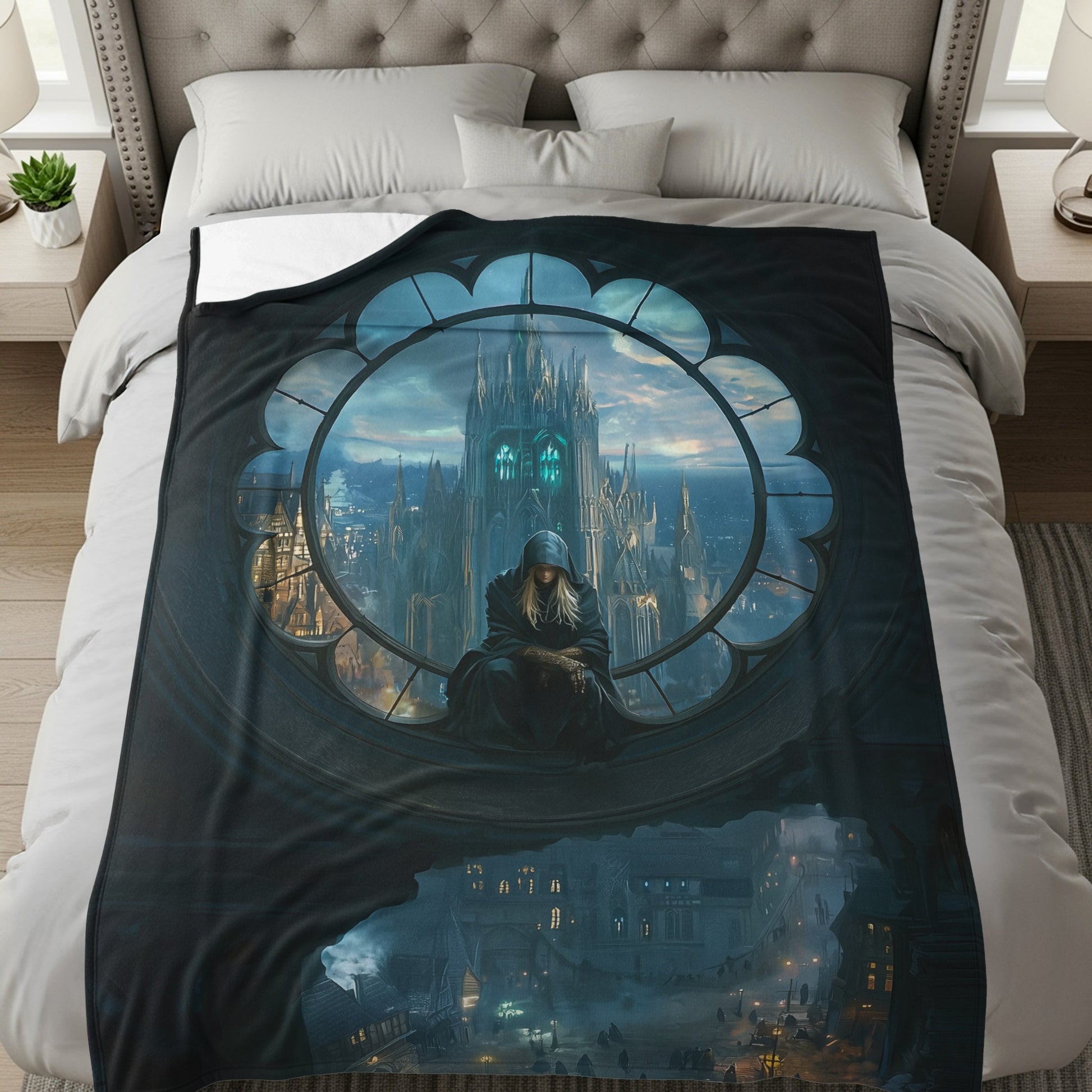 Gothic Fantasy Cityscape Art on Cozy Blanket