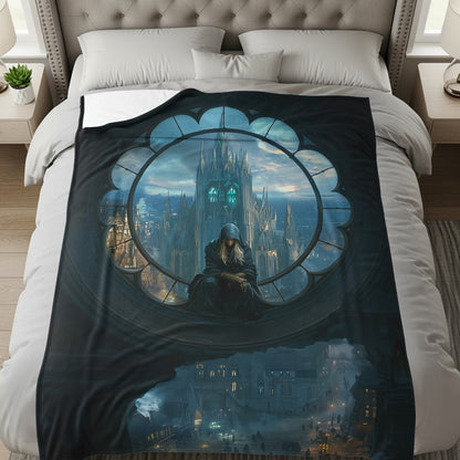 Gothic Fantasy Cityscape Art on Cozy Blanket