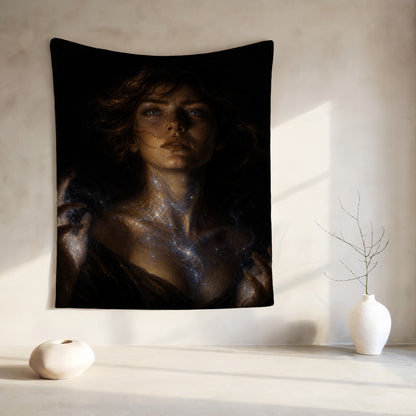 Tapestry featuring a woman's portrait with starry nebula-like energy on her chest.