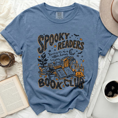 Blue t-shirt with "Spooky Readers Book Club" Halloween graphic.