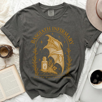 Charcoal t-shirt featuring a gold graphic of a bat wing, potion bottle, and Basgiath Infirmary text.