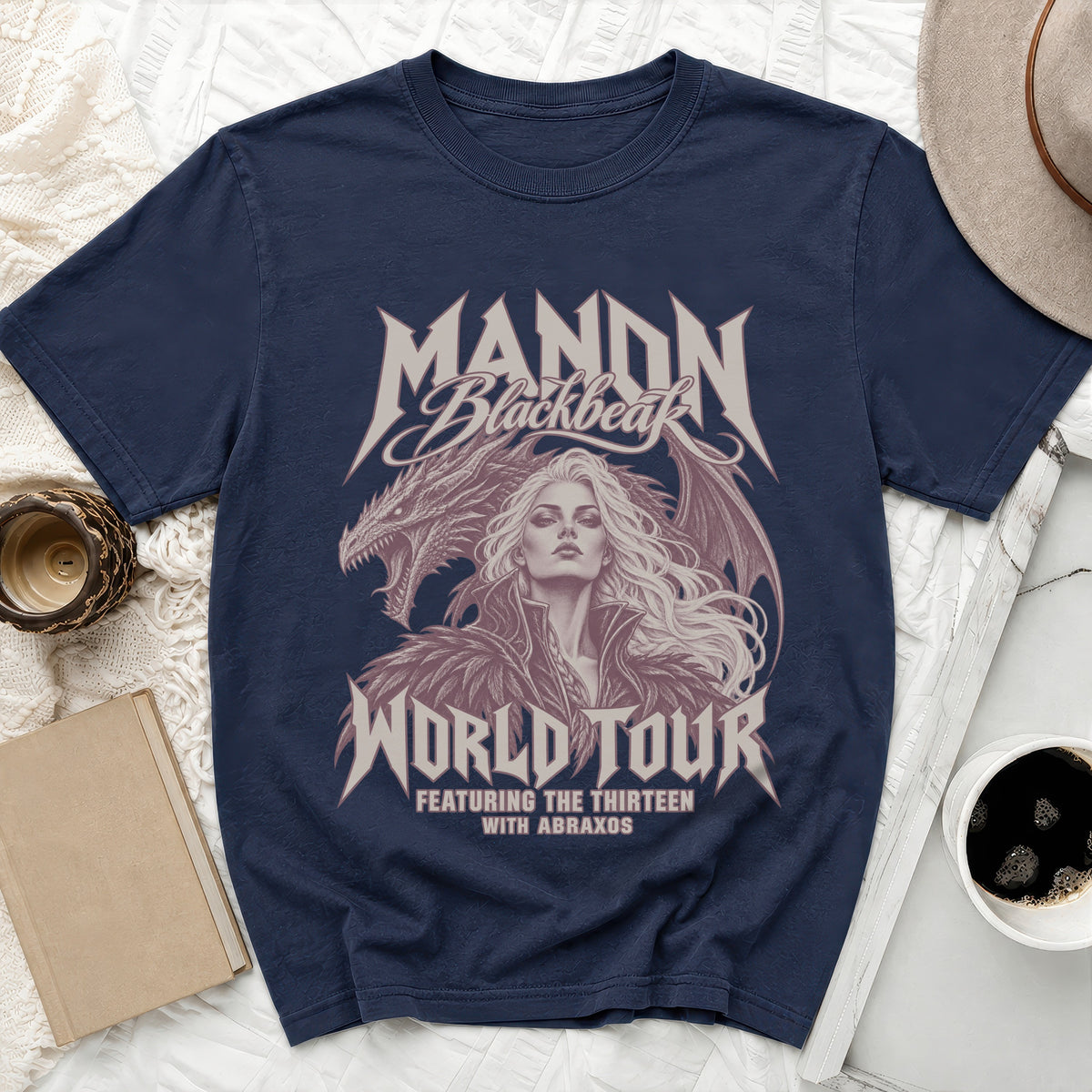 Navy t-shirt with Manon Blackbeak, dragon, and "World Tour" text graphic.