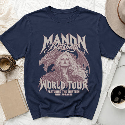 Navy t-shirt with Manon Blackbeak, dragon, and "World Tour" text graphic.