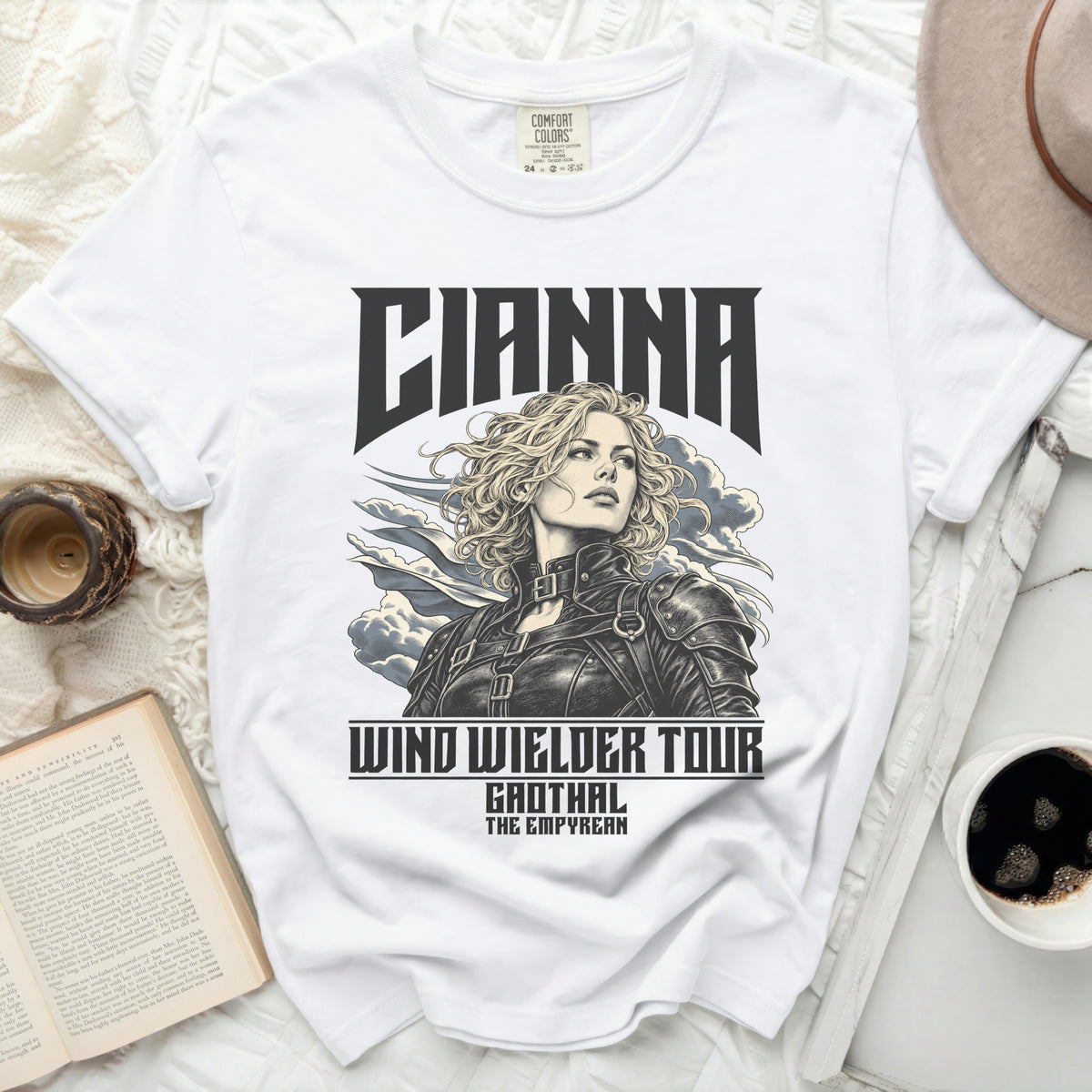 White t-shirt with "CIANNA WIND WIELDER TOUR GAOTHAL THE EMPYREAN" graphic.