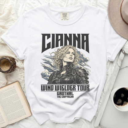 White t-shirt with "CIANNA WIND WIELDER TOUR GAOTHAL THE EMPYREAN" graphic.
