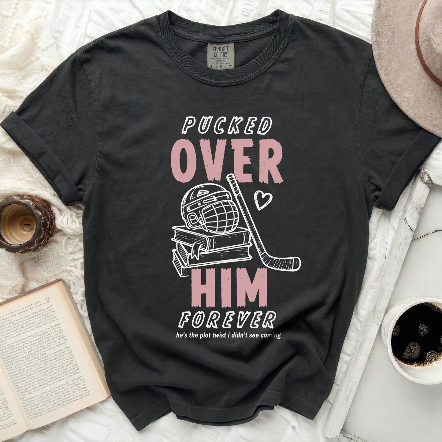 Black t-shirt with "PUCKED OVER HIM FOREVER" and a hockey theme.