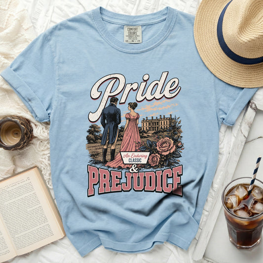 Pride and Prejudice vintage graphic t-shirt with couple and estate illustration.