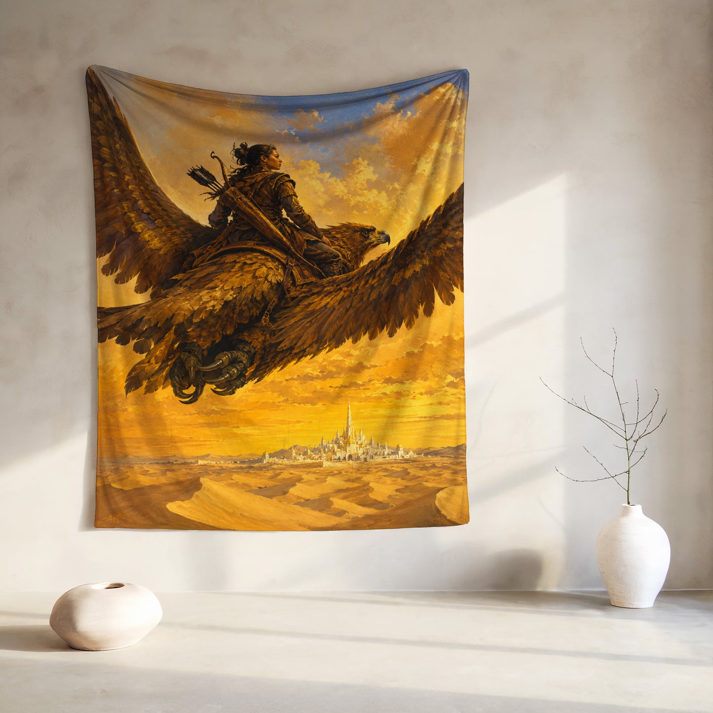 Fantasy artwork tapestry depicts a warrior riding a large eagle over a desert city.