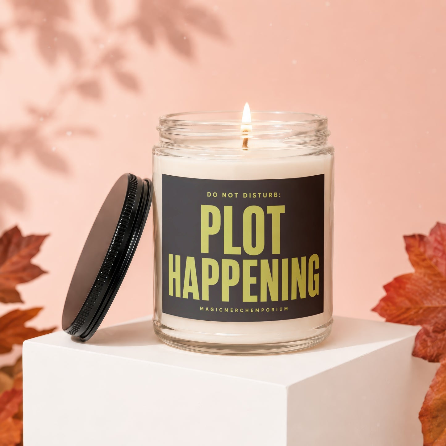 Lit candle in glass jar with black lid titled "DO NOT DISTURB: PLOT HAPPENING".