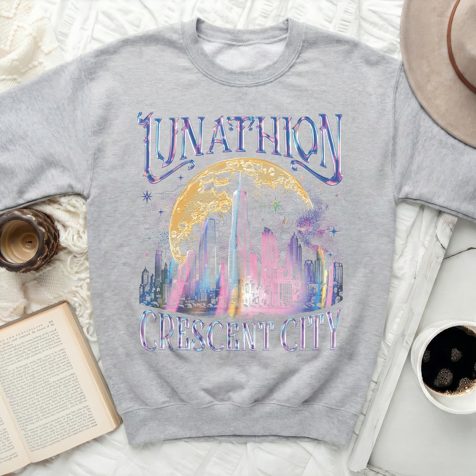 Sweatshirt with "Lunathion Crescent City" city skyline design.