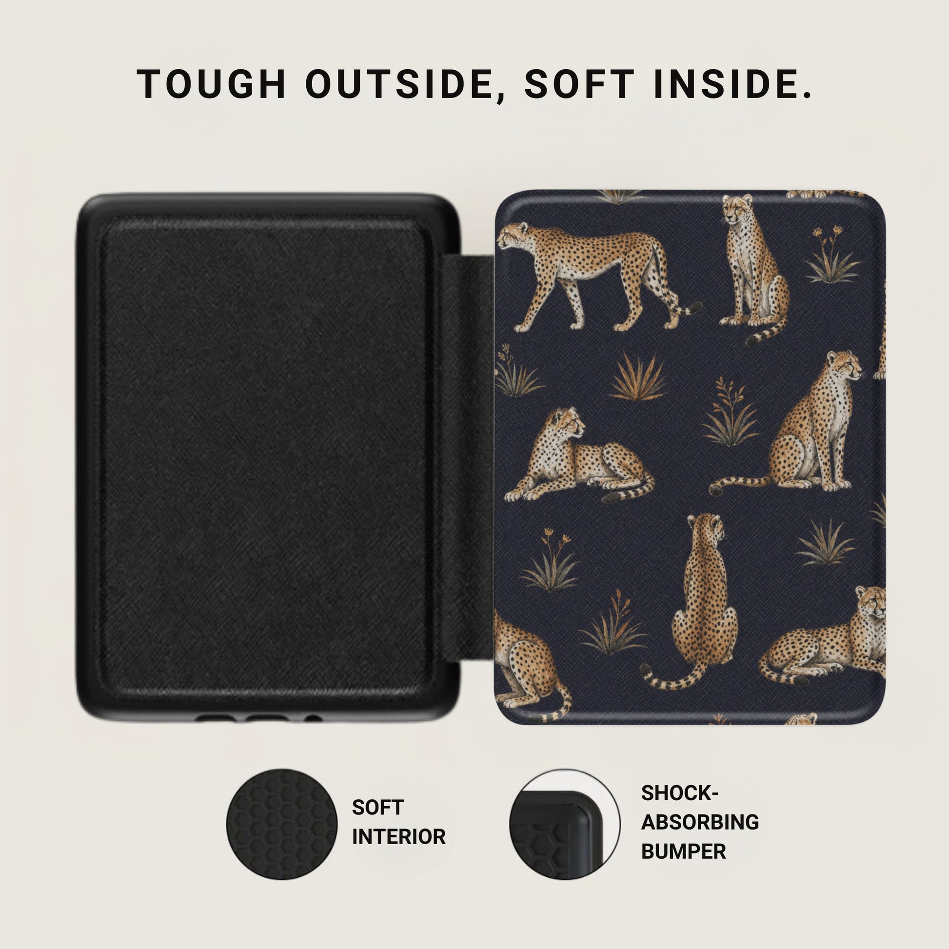 Black case with cheetah print, "Tough outside, soft inside" text, and detail callouts.