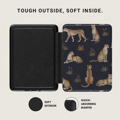 Black case with cheetah print, "Tough outside, soft inside" text, and detail callouts.