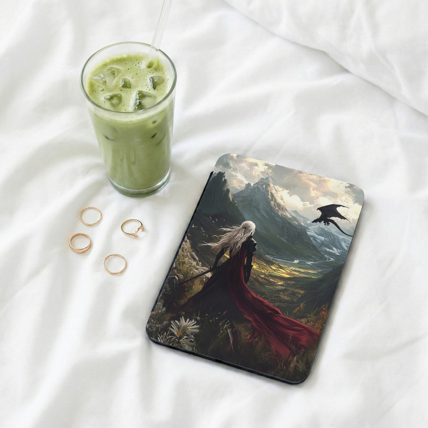 Majestic Dragon Fantasy Art White Haired Warrior Mountains product type