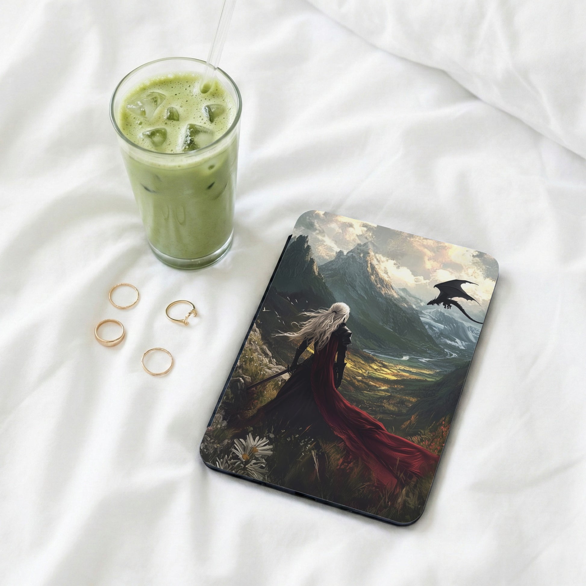 Majestic Dragon Fantasy Art White Haired Warrior Mountains product type