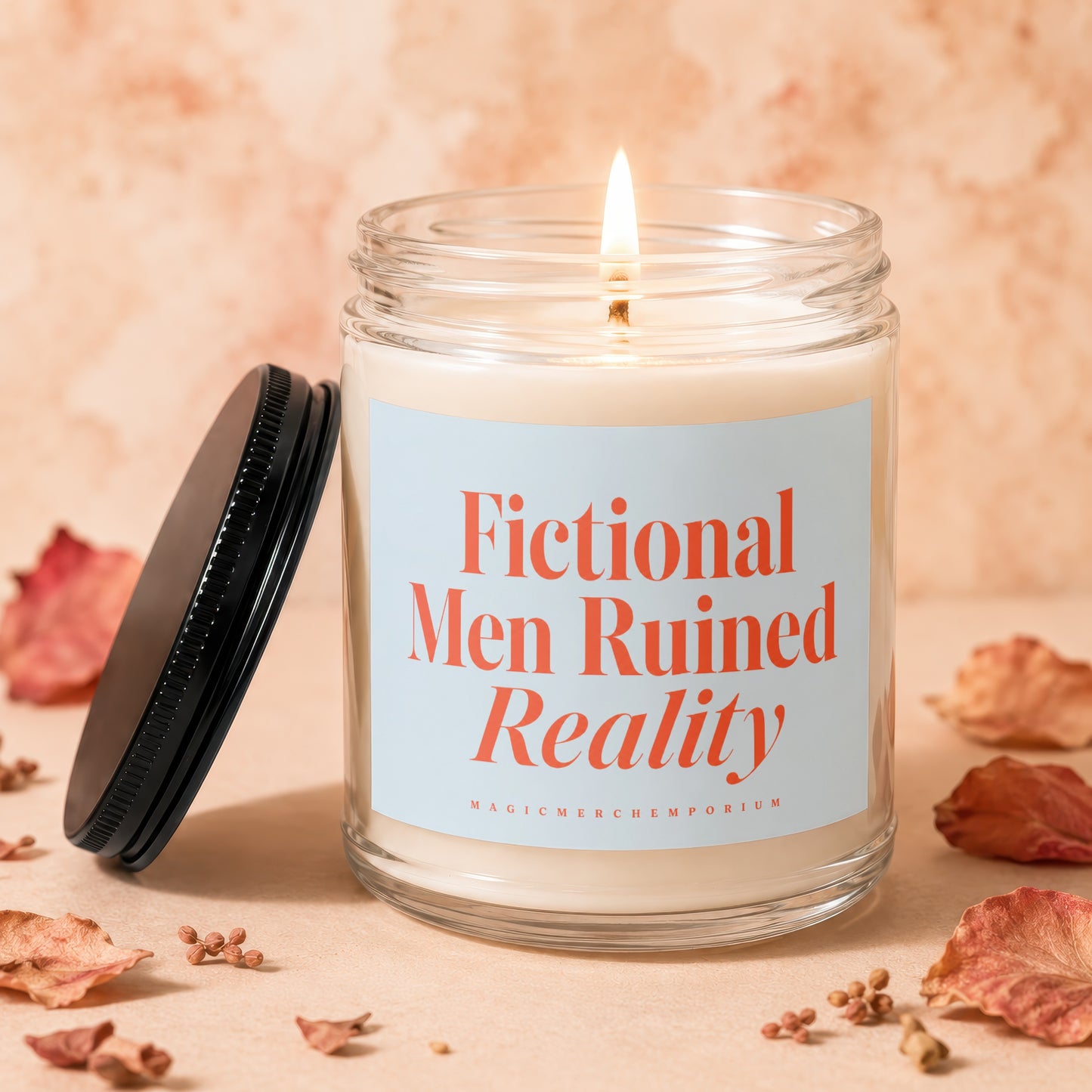 Candle with lit wick and lid nearby, reads "Fictional Men Ruined Reality".