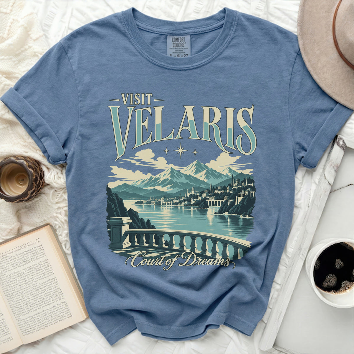 Visit Velaris Court of Dreams graphic t-shirt.