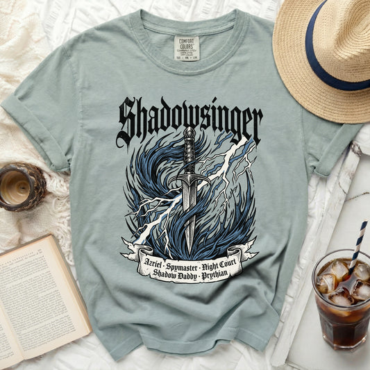 Shadowsinger t-shirt with sword, lightning, and text on a banner.